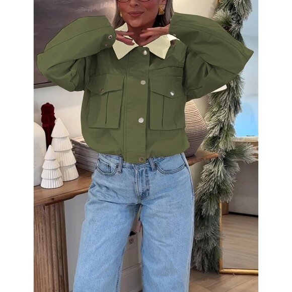 Women Army green Cropped Utility Cargo Coat Contrast Collar Barn Outwear - Picture 5 of 6